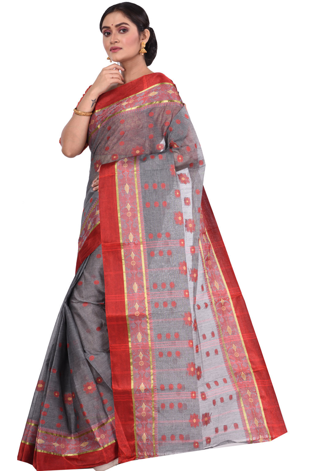 Grey Pure Cotton BolLata_Tant Tant Saree (840)